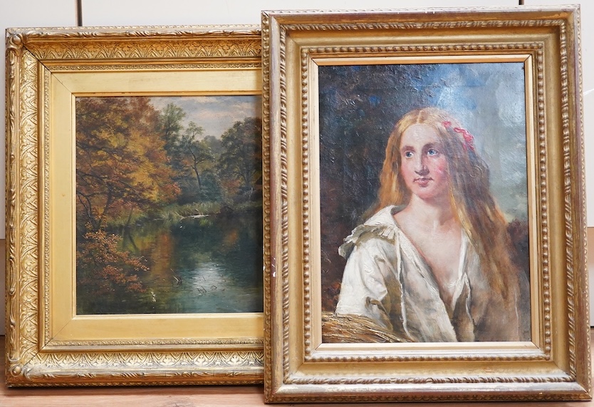 Victorian School, 'Homewell, Bramshott, Hants', monogrammed 'EL' and dated 1888, oil on canvas, together with another 19th century oil of a woman holding a sheaf of corn, unsigned, largest 24 x 34cm